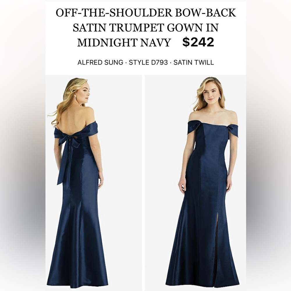 Alfred Sung Off-The-Shoulder Bow Back Satin Formal Gown Midnight Navy